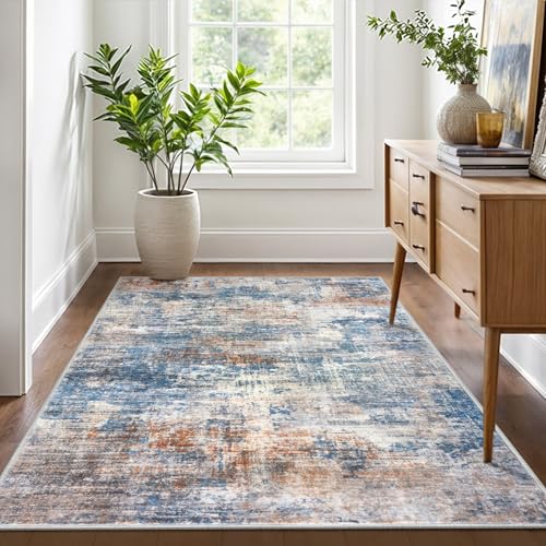 Abstract Area Rug 4x6 Ft Washable Rugs for Entryway Indoor (Blue/Rust/White / 4' x 6' (Rectangular))