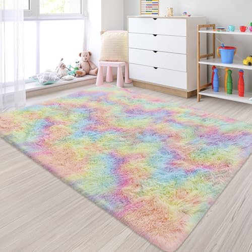 Small Fluffy Rainbow Colorful Area Rug for Girls Bedroom 3x5 Kawaii Tie Dye Rug Fuzzy Unicorn Throw Rug for Living Room Kids Nursery Baby Princess Room Living Room Home Decor Aesthetic Carpets (Tie-dyed Rainbow / 3' x 5' (Rectangular))