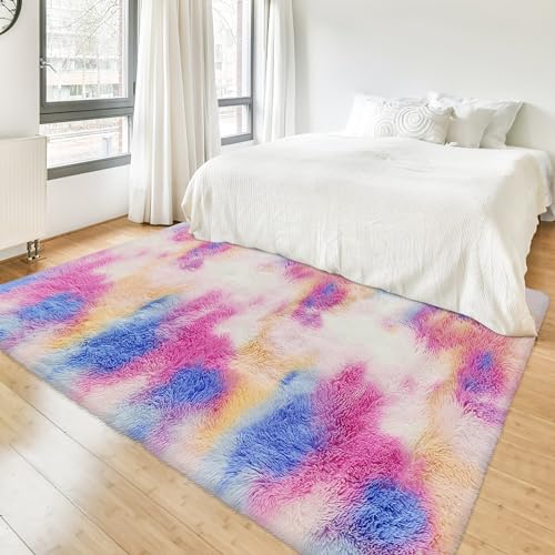 Fluffy Colorful Rug for Bedroom Girls 4x6 Kawaii Rainbow Tie Dye Area Rug Fuzzy Indoor Floor Unicorn Rug for Living Room Kids Nursery Baby Princess Room Dorm Home Decor Aesthetic Carpets (Tie-dyed Colorful / 4' x 6' (Rectangular))