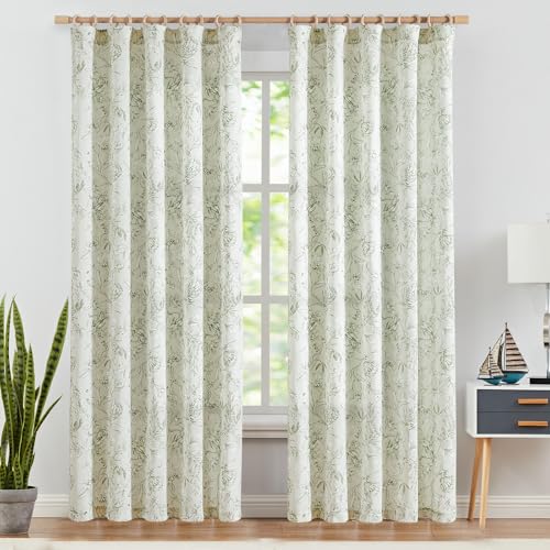 Green Floral Linen Curtains 84 Inch Vintage Back Tab 2 Panels (Flower Green on White / 50"W x 84"L (Pack of 2))