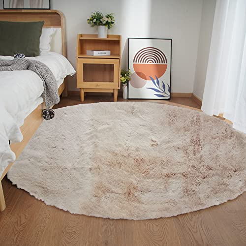 Faux Rabbit Fur Round Rug 8ft Light Brown Beige Round Rugs for Bedroom Decor Fluffy Area Rugs for Living Room (Beige / 7'10" (Round))