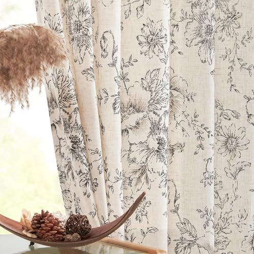 Vintage Floral Linen Curtains 84 Long for Living Room 2 Panels (Black on Beige / 50"W x 84"L (Pack of 2))