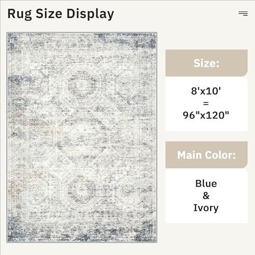 Washable Area Rug 8x10 Large Soft Living Room Rugs Blue (Blue/Ivory / 8' x 10' (Rectangular))