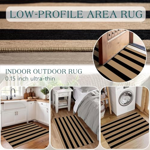 Front Door Mat Indoor Outside Entrance 2x3 Black Tan Striped Rug (Striped - Black / Tan / 2' x 3' (Rectangular))