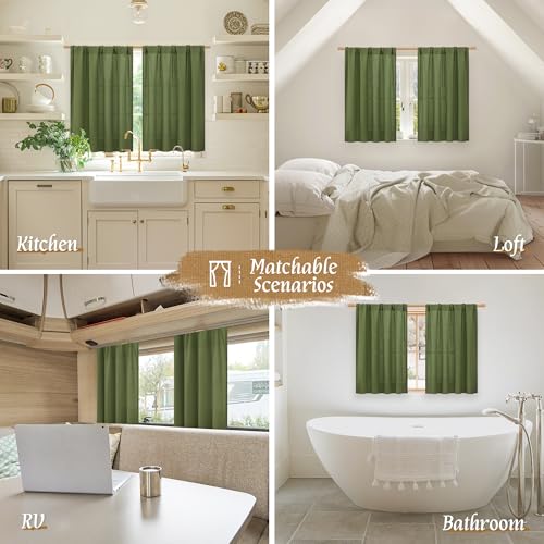 Light Filtering Linen Curtains 63 inches Long for Bedroom 2 Panels (Olive Green-1 / 52"W x 63"L (Pack of 2))