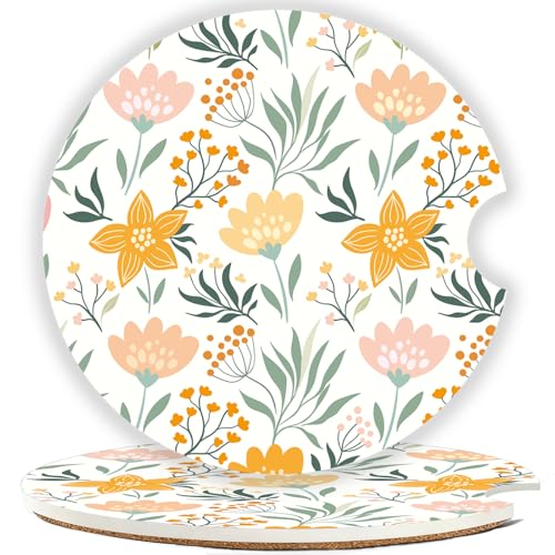 Ceramic Car Cup Holder Coasters Set of 2 (Yellow Flower)
