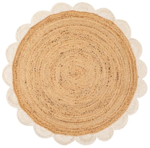 Handwoven Natural Jute Round Rug with Scalloped Edge Braided Boho Area Rug for Living Room (3' (Round)) / White)