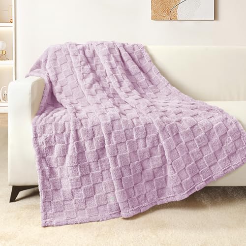 3D Checkered Fleece Throw Blanket for Couch (Light Purple / Throw (50"x60"))