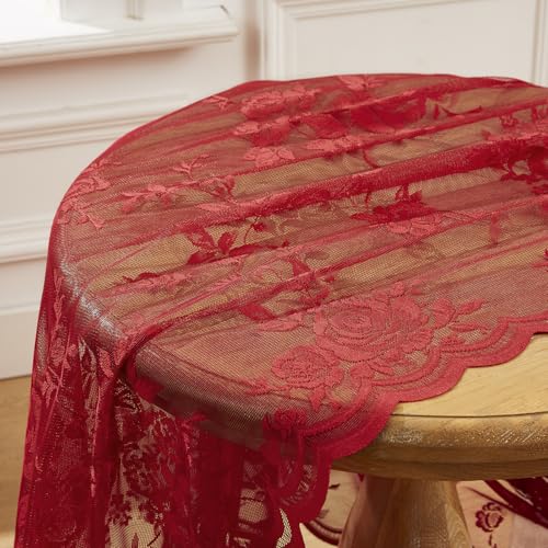 Red Lace Curtains 45 Inch Length 2 Panels Set Romantic Country Flower Curtains for Kitchen Cafe Rod Pocket Light Filtering Semi Sheer Small Window Curtains for Valentine's Christmas Day Decor (52"W x 45"L (Pack of 2) / Red)