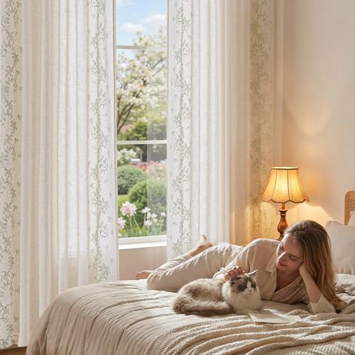 Floral Linen Curtains 84 Inch Farmhouse Back Tab 2 Panels (Vine | Sage / 50"W x 84"L (Pack of 2))