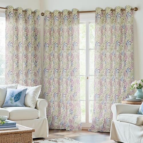 84 Inches Blue and Purple Leaves Linen Curtains for Bedroom (Linen Blue and Purple / 52"W x 84"L (Pack of 2))