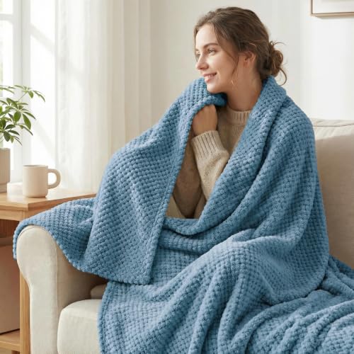 Soft Waffle Fleece Bed Blanket Queen Size (Slate Blue / 90x90 in)