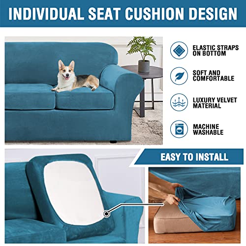 Real Velvet Plush 3 Piece Stretch Sofa Covers Couch Covers for 2 Cushion Couch Sofa Slipcovers Width Up to 90 Inch Feature Thick Soft Stay in Place (2 Cushion Sofa / Peacock Blue)