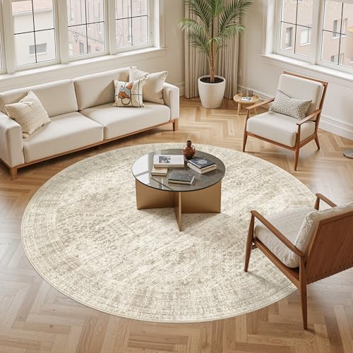 Round Rugs 8ft Living Room Circle Area Rug 8x8 Beige Vintage (Beige / 8' (Round))