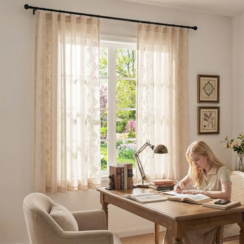 Floral Linen Curtains 63 Inch Farmhouse Back Tab 2 Panels (Vine | Ivory / 50"W x 63"L (Pack of 2))
