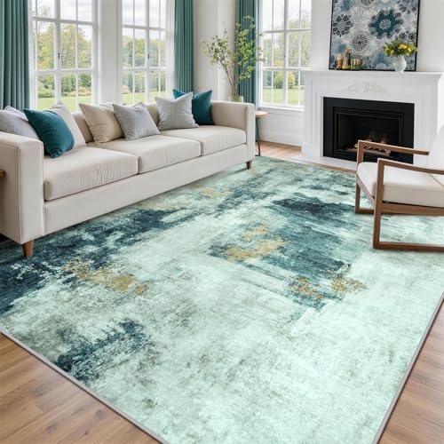 9x12 Area Rugs for Living Room Washable Bedroom Dining Room Teal Grey Gold (Teal Grey/Gold / 9' x 12' (Rectangular))
