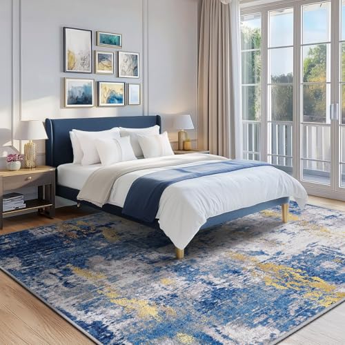Washable 7'x9' Abstract Area Rug for Living Room Blue Gold (Blue/Gold / 7' x 9' (Rectangular))