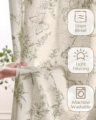 Floral Linen Curtains for Living Room 63 Inch Length Butterfly Sage Green Floral Curtains French Country Farmhouse Flower Patterned Drapes Window Treatments Set 2 Panels (Flower Sage Green / 50"W x 63"L (Pack of 2))
