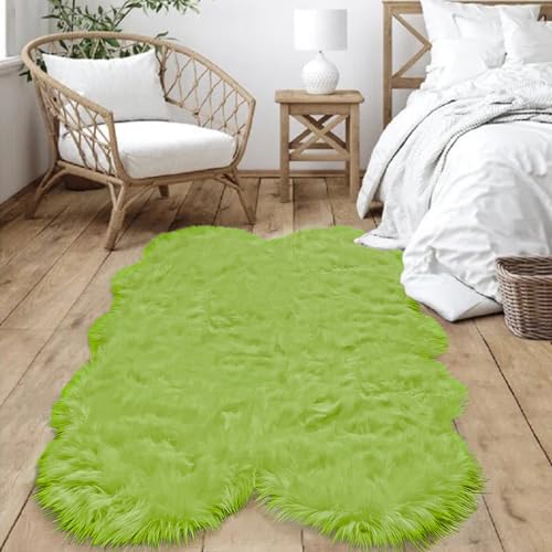 Fluffy Sheepskin Green Rugs 4x6 for Bedroom Shag Soft Faux Fur Rug Furry Bedside Rug Shaggy Fuzzy Carpet Playroom Washable Sheepskin (4' x 6' (Sheepskin) / Olive Green)