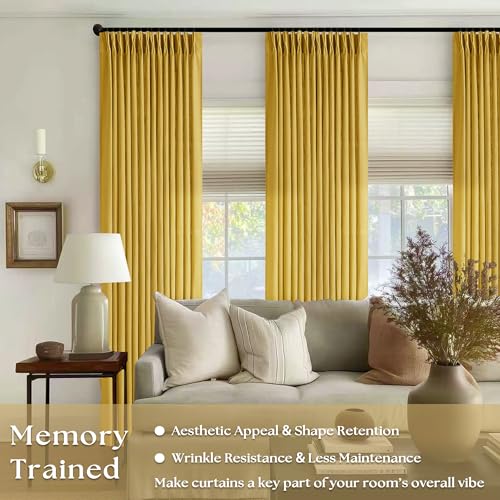 Mustard Yellow Pleated Semi Sheer Linen Curtains 96 Inches Long 2 Panel Set (Mustard Yellow / 40"W x 96"L (Pack of 2))