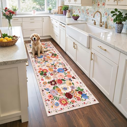 Washable Runner Rug 2x6 Beige Floral (Blush Beige / 2' x 6' (Rectangular))