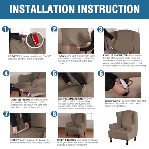 Wingback Chair Covers Velvet Plush Wing Chair Slipcover 1 Piece High Stretch Wing Back Chair Slipcovers Sofa Cover Furniture Cover with Elastic Bottom (Mocha / Wing Chair)