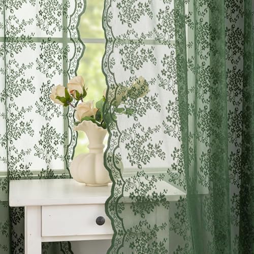 Vintage Lace Curtains 90 Inches Long (Dark Green / 52"W x 90"L (Pack of 2))