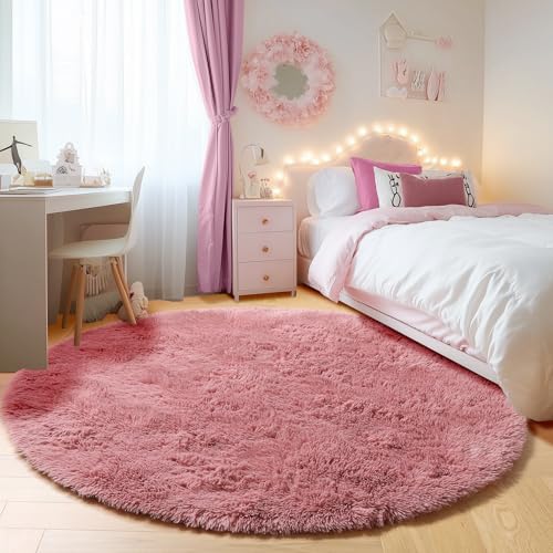 Blush Fluffy Round Rug Circle Area Rugs 4ft for Kids Girls Teen Bedroom (Blush / 4' (Round))