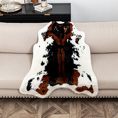 Faux Cowhide Rug Cow Print Area Rug Premium Faux Animal Skin Hide Rugs Tricolor Decor Carpet Non (Brown Cow Print - 43.3x33.4inch)