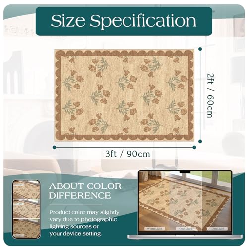 Front Door Mat Indoor Outside Entrance 2x3 Tan Floral Scalloped Rug (Flower - Wheat/Tan/Sage / 2' x 3' (Rectangular))