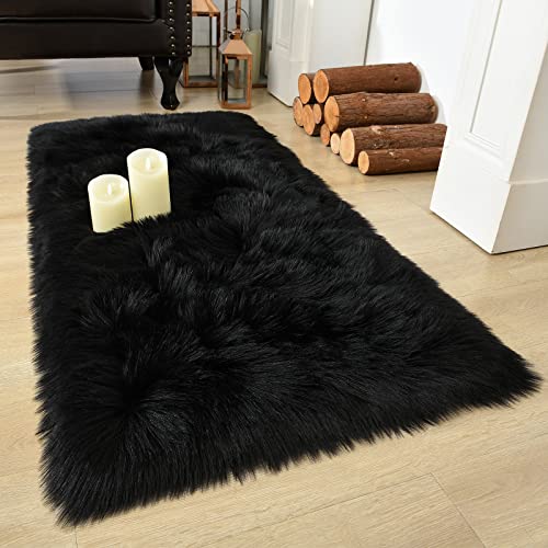 Soft Fluffy Faux Fur Rugs for Bedroom Bedside Rug 2x4 Feet (Black / 2' x 4' (Runner))