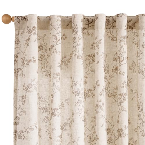 Taupe Vintage Floral Linen Curtains Farmhouse 50W X 90L 2 Panels (Taupe on Beige / 50"W x 90"L (Pack of 2))