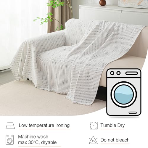 Boho Couch Cover White Sofa Covers with Tassel Farmhouse Sofa Slipcover Simple Couch Protector for Dogs Chenille Sectional Couch Covers L Shaped Couch Cushion Covers (91" x 134" / 9# Lines White)