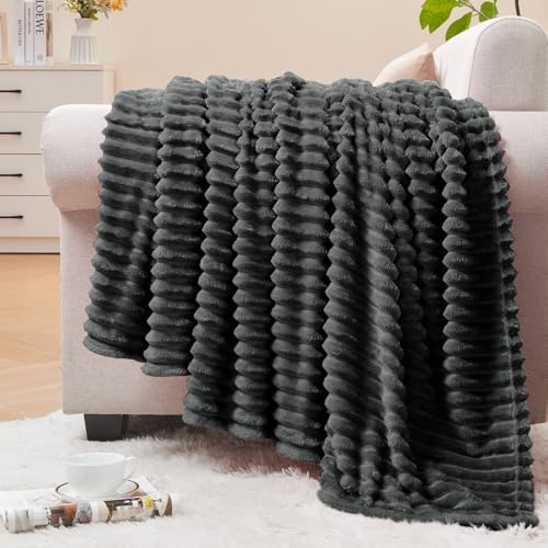 3D Ribbed Charcoal Grey Fleece Throw Blanket for Couch (Charcoal Grey / Throw(50"x60"))
