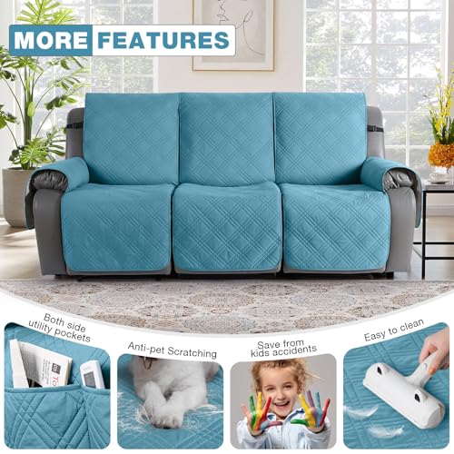 100% Waterproof Recliner Sofa Covers 3 Seater Split Couch Covers for 3 Cushion Reclining Couch with Straps (Sky Blue / 3 Seater Standard)