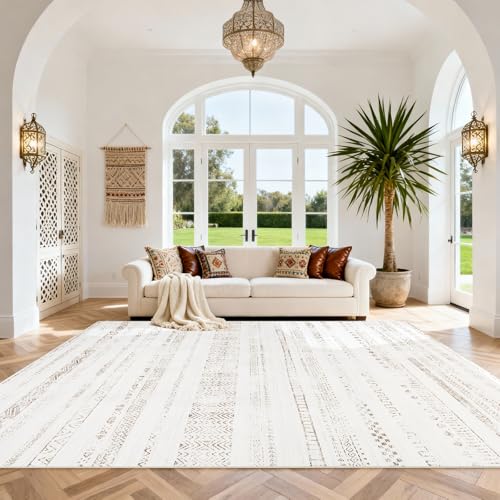 8x10 Washable Area Rugs for Living Room (8' x 10' (Rectangular) / Moroccan-light Brown-white)