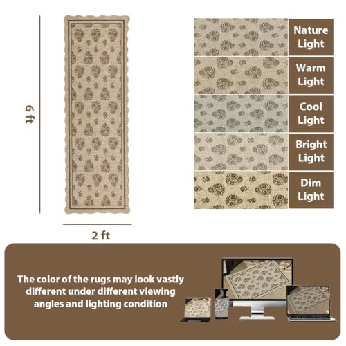 Scalloped Easy Jute 2x6 Kitchen Runner Rug Farmhouse Brown Floral (6' x 2' (Runner) / Cognac Brown)