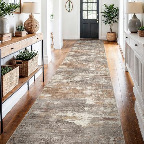 2'6x14 Runner Rug Washable Abstract (Brown/Brick / 2'6" x 14')
