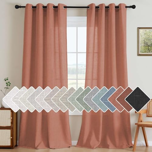 Linen Curtains Home Decorative Nickel Grommet Curtains Privacy Added Energy Saving Light Filtering Window Treatments Semi Sheer Draperies for Bedroom (52"W x 84"L (Pack of 2) / Terracotta)