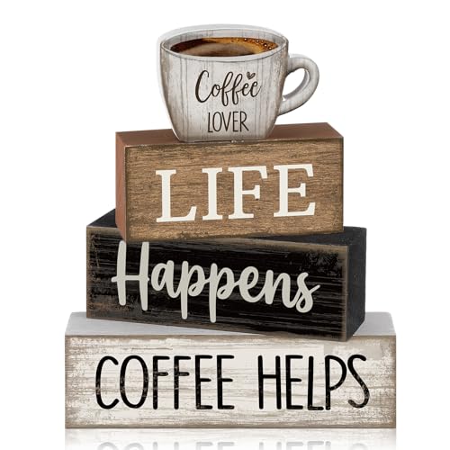 4 Pcs Wooden Coffee Bar Signs Farmhouse Table Decor Blocks (Coffee Lover)