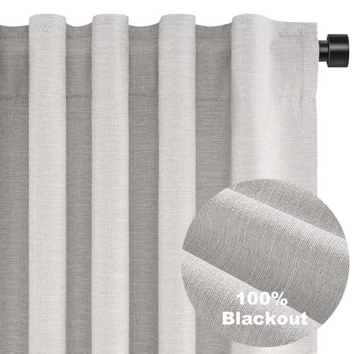 84 Inch Longth 40 Inch Wide 100% Blackout Linen Curtains 2 Panels Set for Bedroom Back Tab Rod Pocket Pleated Thermal Insulated Energy Efficient Grey Beige (Grey Beige / 40"W x 84"L (Pack of 2))