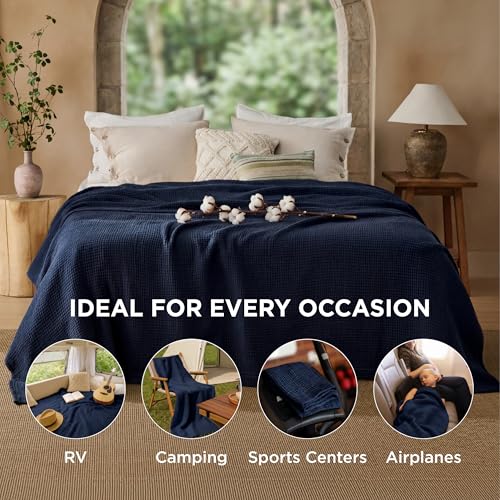 100% Cotton Muslin Blanket Queen Size for Bed (08 - Navy Blue / Queen (90" X 90"))