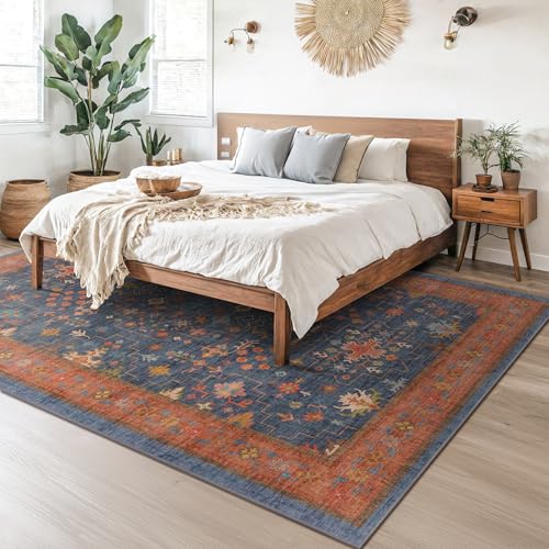 Washable Navy Blue Living Room Rug (8' x 10' (Rectangular) / Blue / Terracotta)