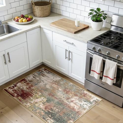Washable 3'x4' Abstract Area Rug for Living Room Rustic Brown (Rust Red/Green/Blue/Multi / 3' x 4' (Rectangular))