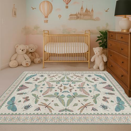 Green and Blue Nursery Rug 5x8 (5' x 8' (Rectangular) / Beige Green)