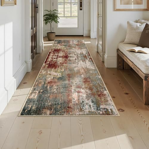 Washable Runner 3'x9' Abstract Area Rug for Hallway Rustic Brown (Rust Red/Green/Blue/Multi / 3' x 9' (Runner))
