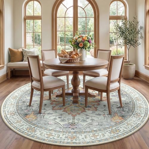 Washable Area Rug (Beige/Carbon Grey/Orange / 7' (Round))