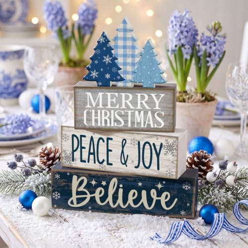 4 Pcs Christmas Table Decorations Blue Christmas Tree Stacked Wooden Sign Decor Rustic Winter Tiered Tray Decor Blue and White Xmas Table Centerpiece Farmhouse for Home Kitchen Shelf (Rustic Decorative)