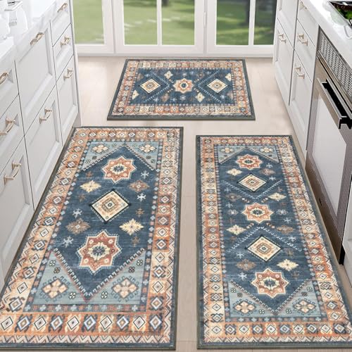 HEBE Boho Kitchen Rugs Set of 3 (Blue/Coffee / 20"x32"+20"x48"+30"x50")