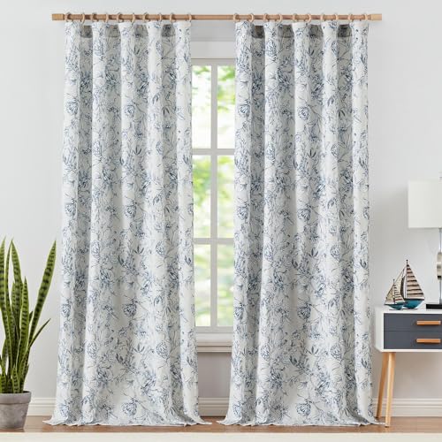 Blue Floral Linen Curtains 96 Inch Vintage Back Tab 2 Panels (Flower Blue on White / 50"W x 96"L (Pack of 2))